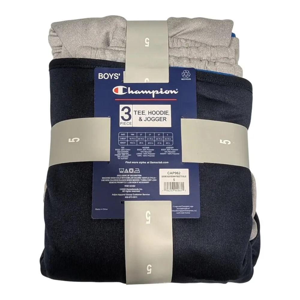 Champion Sweatsuit Boys 5 Gray Navy‎ Blue 3 Piece Joggers Zip Up Hoodie Tshirt